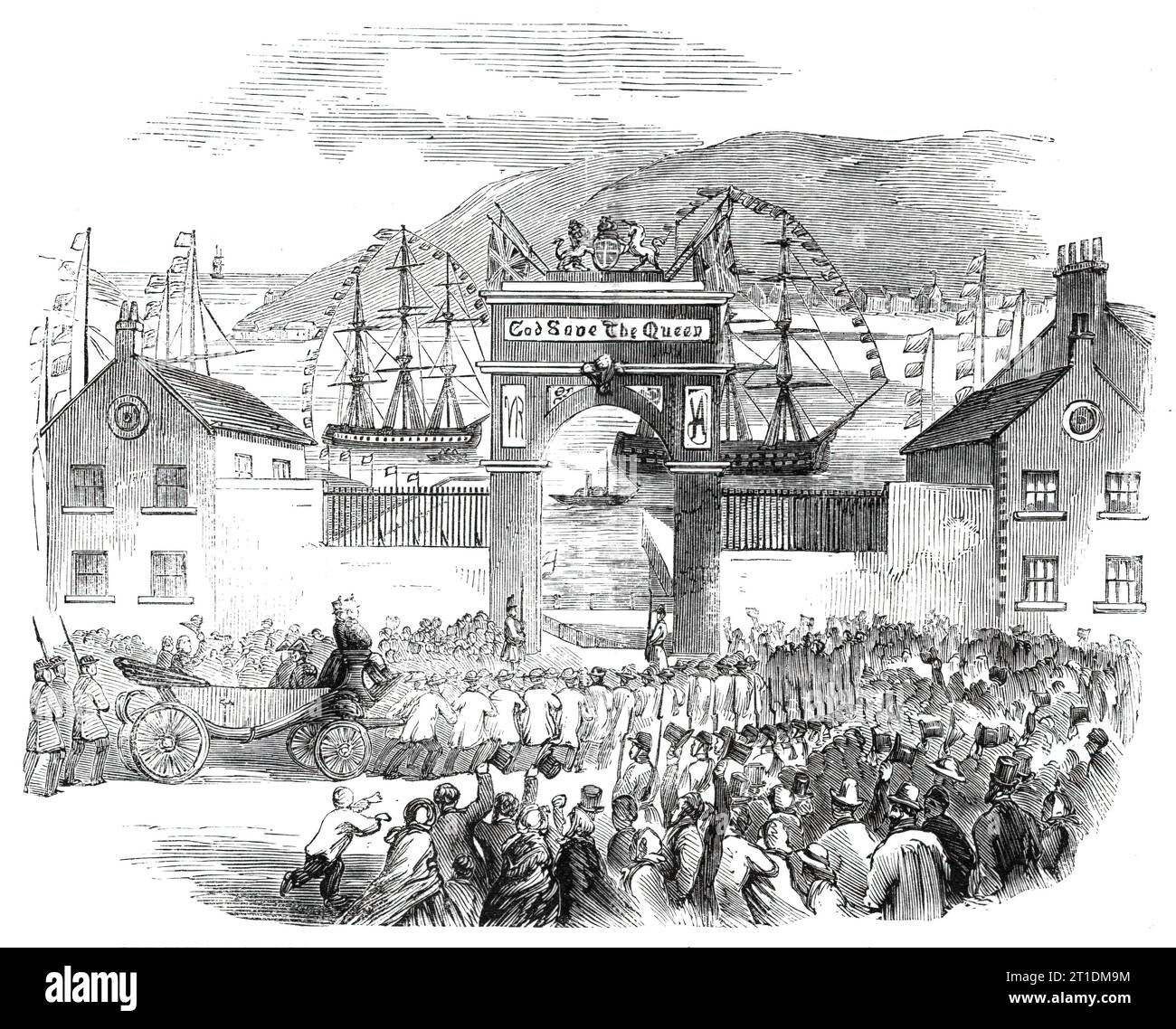 The Embarkation of the Prince of Wales at the Queen's Wharf, St. John's, Newfoundland, 1860. The future King Edward VII visits North America. Engraving from a sketch by Mr. Delaney. 'When the Prince, with the Earl of St. Germans and his Excellency and Lady Bannerman, entered the carriage at Government House there was a spontaneous and eloquent expression of the popular feeling for the Heir to the Throne. The horses were no sooner harnessed than a number of fine stalwart fellows came forward from amongst the crowd and insisted on taking the place of the horses and drawing the carriages themselv Stock Photo