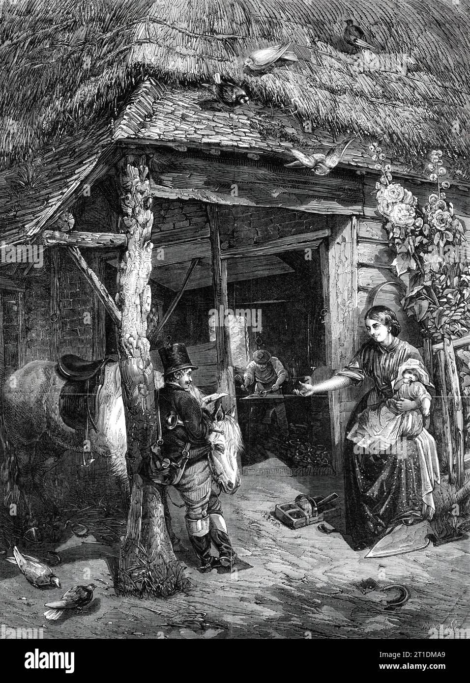 &quot;The Village Smithy&quot;, by Lewis, in the Crystal Palace Picture Gallery, 1860. 'This is just of the class of subject in which Mr. Lewis is always so much at home - a scene of ordinary every-day industry, with a little humorous incident of domestic life. The smithy, with all its appropriate furnishings, is painted with nice detail and commendable accuracy, and in a happy harmony of colour. In the foreground is a pleasant little scene between the postboy and a young girl for whom he has a letter, the purport of which, by his smirking face, he fancies himself to be aware of; whilst the yo Stock Photo
