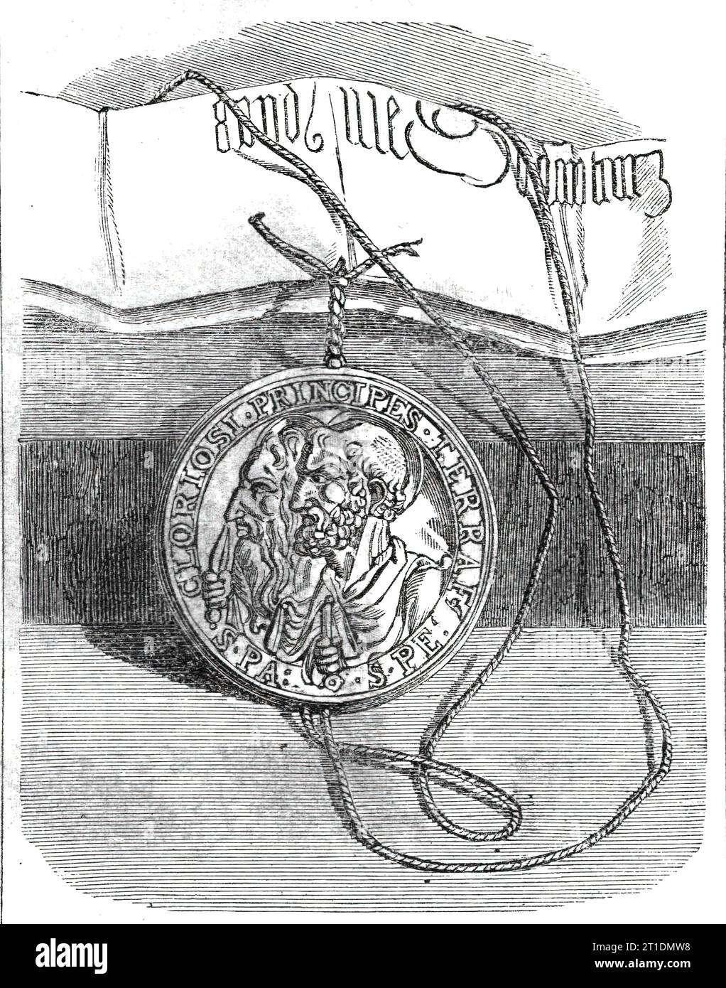 The Golden Bull of Clement VII. confirming Henry VIII. in the title of Defender of the Faith, 1860.  'The title...which forms a part of the Royal style of British Sovereigns, was originally bestowed upon Henry VIII. in 1521, by Pope Leo X., in requital of that monarch's celebrated &quot;Defence of the Seven Sacraments &quot; against Martin Luther...The apostolical confirmation of Leo's rescript to which the seal is affixed is now in our Public Record Office, and forms one of its most valued treasures. It was granted by Leo's successor, Pope Clement Vll., in 1524, and in the exaggerated praises Stock Photo