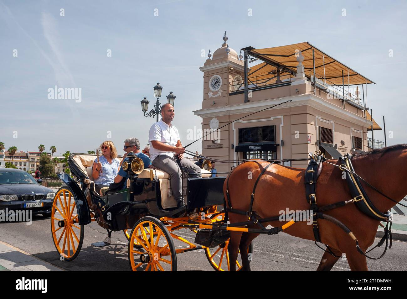 Seville, Spain, Small Group of People, Tourists, Visiting Old City 'Santa Cruz' Neighborhood,in Horse and Buggy Street Scene Stock Photo