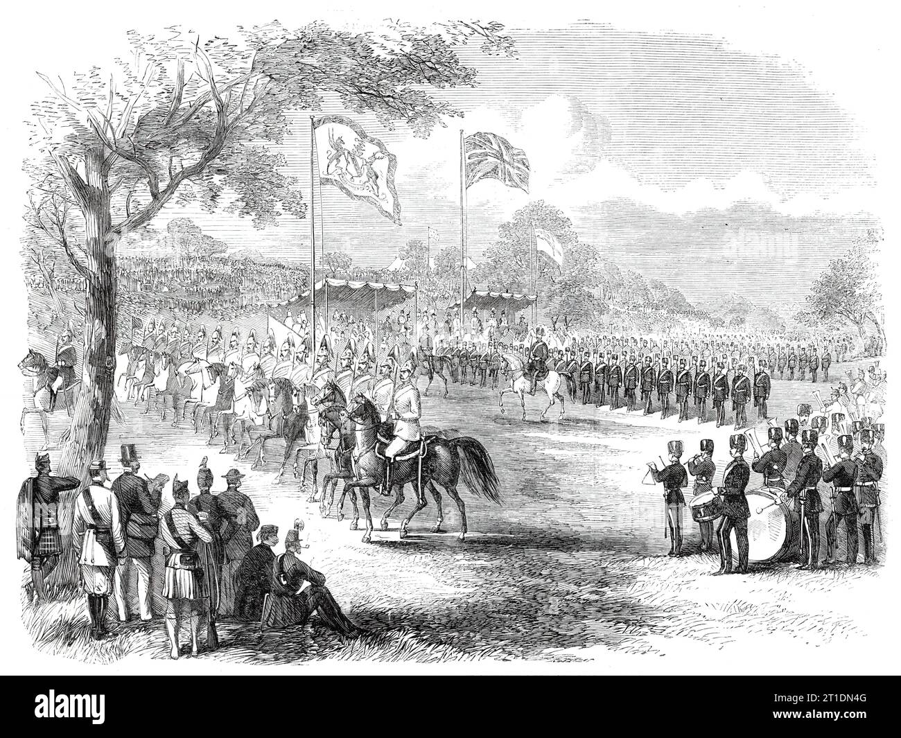 The 1st Lancashire Mounted Rifles and the Artillery Brigade marching past, 1860. Review of Lancashire Rifle Volunteers in Knowsley Park, '...commenced by the Lancashire Hussars, a magnificent body of cavalry, splendidly mounted, and numbering nearly 200 troopers. The public were loud in their encomiums on this splendid body of men and horses, whom it would be impossible to surpass by the finest regiment in the service. Next came the artillery, four battalions, and numbering upwards of 2000; and of which, if it were possible to make a distinction, the palm must be given to Colonel M'lver's thir Stock Photo