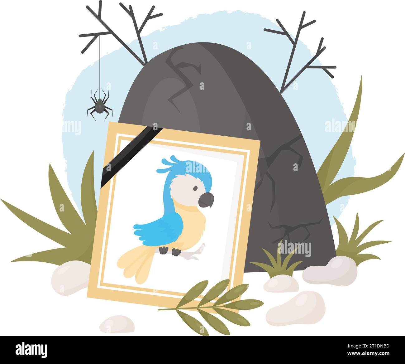 Mourning photograph of dead parrot. Cemetery, grave and stones with grass. Vector illustration in cartoon flat style. frame portrait with lovely pet o Stock Vector