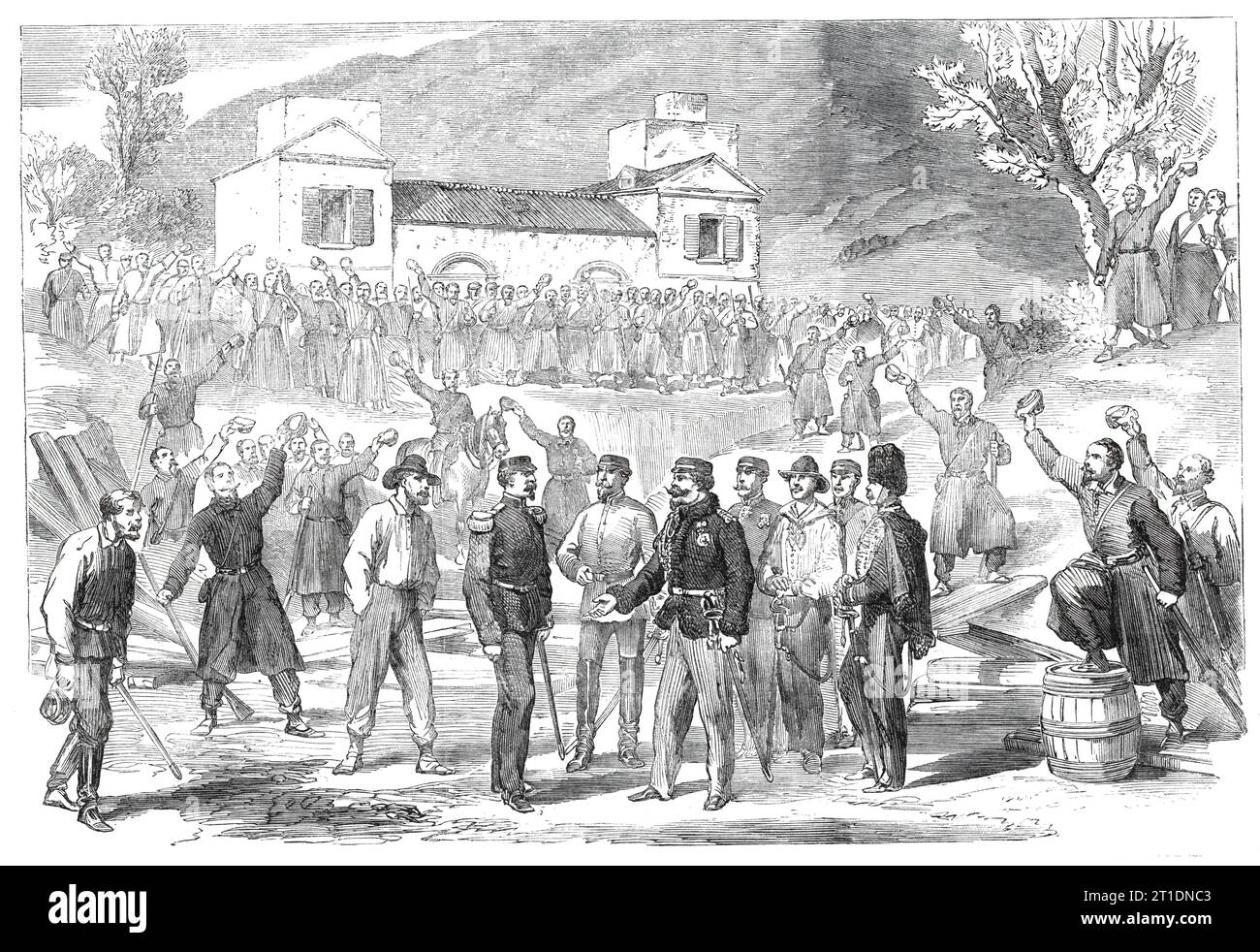 The first visit of Victor Emmanuel to the camp of the national army at St. Angelo - from a sketch by our special artist, Frank Vizetelly, 1860. Vittorio Emanuele II became the first king of an independent, united Italy since the 6th century. 'On the morning of the 27th October, Victor Emmanuel, accompanied by a few of his staff, visited the left bank of the Volturno and the camp of the Garibaldini. As soon as his presence was known to the troops they crowded the sides of the road, and gave him a most enthusiastic reception. In the rear of our Engraving is a house which had been occupied by an Stock Photo