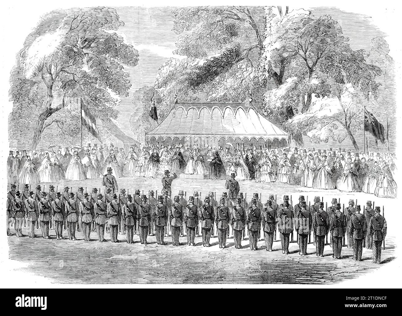 Presentation of a silver bugle by Lady Duff Gordon to the 6th Surrey (Esher) Volunteer Rifle Corps, 1860. 'The speech of her Ladyship was as follows: &quot;Captain Sir Henry Fletcher, Officers, and Men of the 6th Surrey Rifle Volunteers - the ladies of Esher and the neighbourhood have desired me to present to your corps a silver bugle subscribed for by them. We earnestly hope that it may never sound but for your training in those martial exercises by which you are qualifying yourselves to act as our defenders. But if the day should come when its notes must ring on a field of battle, I assure y Stock Photo
