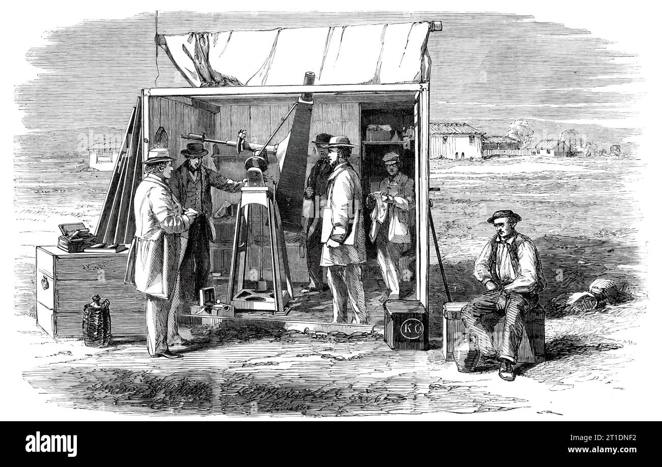 The Kew Photoheliograph and Temporary Observatory at Rivabellosa, near Miranda del Ebro, [Spain], 1860. 'The Kew photoheliograph consists of a tube having the form of a truncated pyramid, at the smaller (upper) end of which is fixed the object-glass, 3 4-10 inches in diameter, and 50 inches focal length. The focal image of the sun formed by the object-glass is 47-100ths of an inch in diameter; but before it is allowed to fall on the sensitive plate it is enlarged, by means of a secondary combination of lenses, to four inches in diameter. The image is thus magnified about eight times linear, an Stock Photo