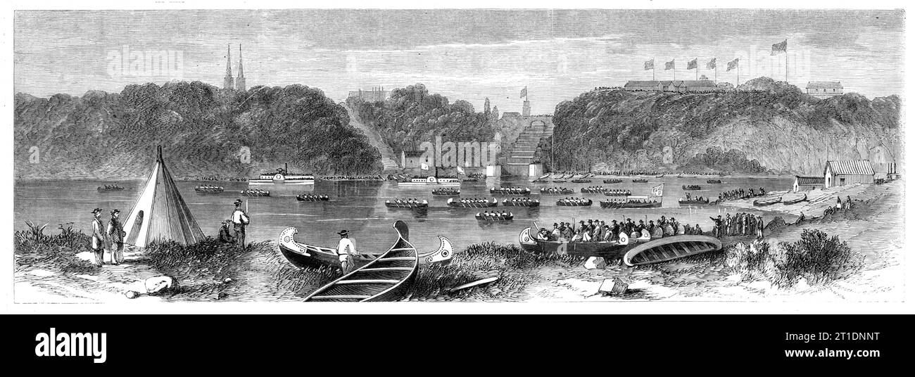 The Prince of Wales in Canada - the Lumberers' Regatta, Ottawa - from a sketch by our special artist, G. H. Andrews, 1860. The future King Edward VII visits North America. 'There they found themselves surrounded by a hundred birch canoes, manned by lumberers in scarlet shirts and white trousers. The Prince got into one alone - the rest of his suite and the newspaper writers into others, and all were paddled to a beautiful island in the centre of the lakelike expanse...Six canoes started for the first race, ten for the second, and nine for the third. The course was probably a mile each way. The Stock Photo