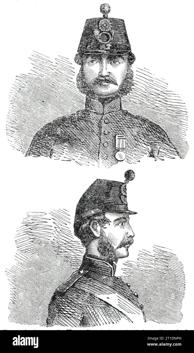 New Shako for the Infantry, 1860. 'The authorities at the Horse Guards have decided on discontinuing the ugly and cumbersome shako worn in the Army, and substituting in place of it a headdress of a much lighter and somewhat more ornamental character, not unlike the large-peaked forage-caps worn by several of the volunteer rifle corps, though the crown is somewhat higher...The new shako is now being issued to the following regiments: 1st battalion Rifle Brigade, 4th battalion Rifle Brigade, 1st battalion 60th Rifles, 1st battalion 8th Regiment, and 53rd Regiment. Should it be found to wear sati Stock Photo
