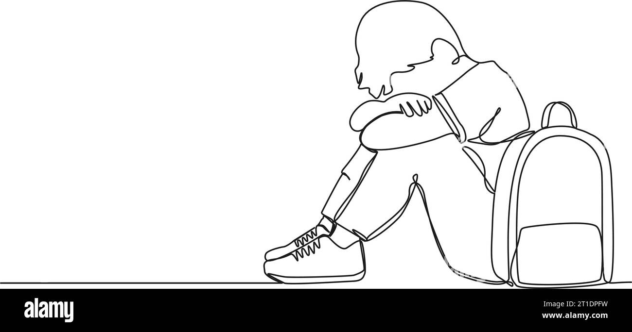 continuous single line drawing of sad boy with schoolbag sitting on