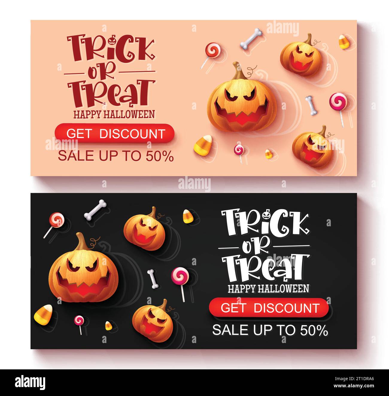 Halloween sale tags vector set banner. Trick or treat halloween invitation discount promo tags for holiday seasonal shopping promotion background. Stock Vector