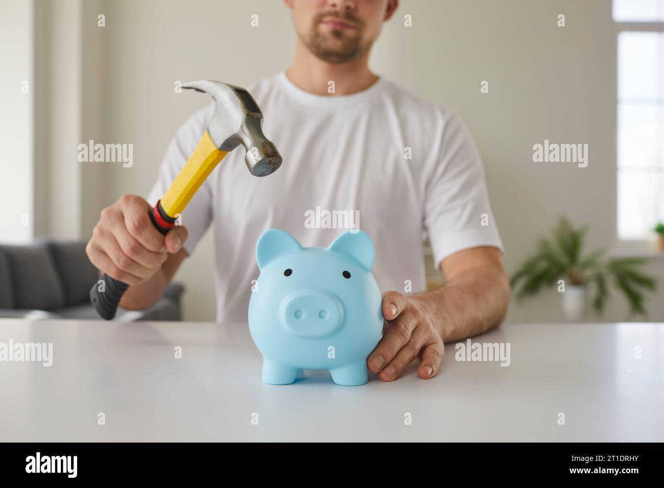 Young man holds hammer and wants to break blue piggy shaped money box ...