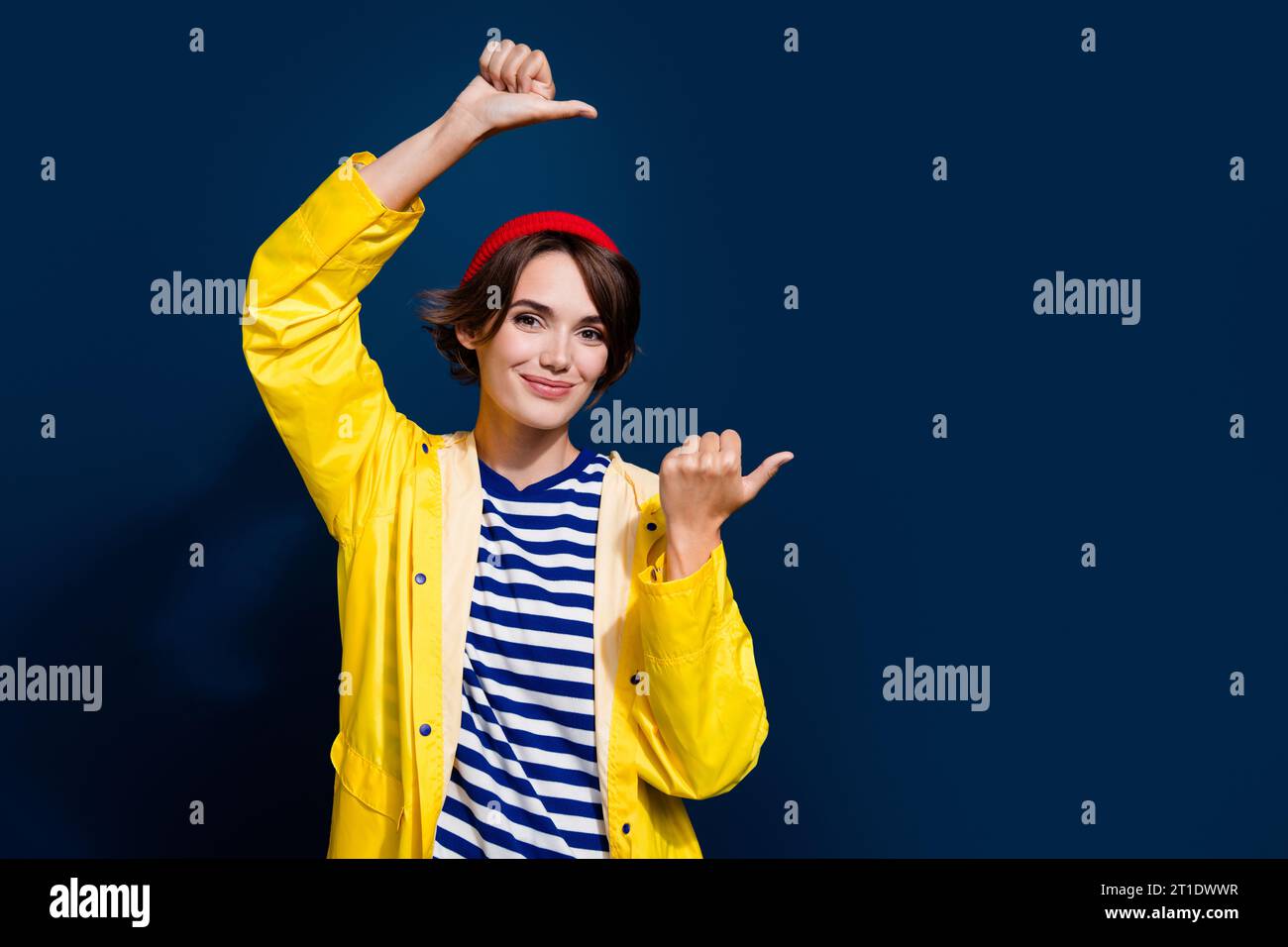 Photo of nice young woman wear yellow rain jacket gore tex indicate