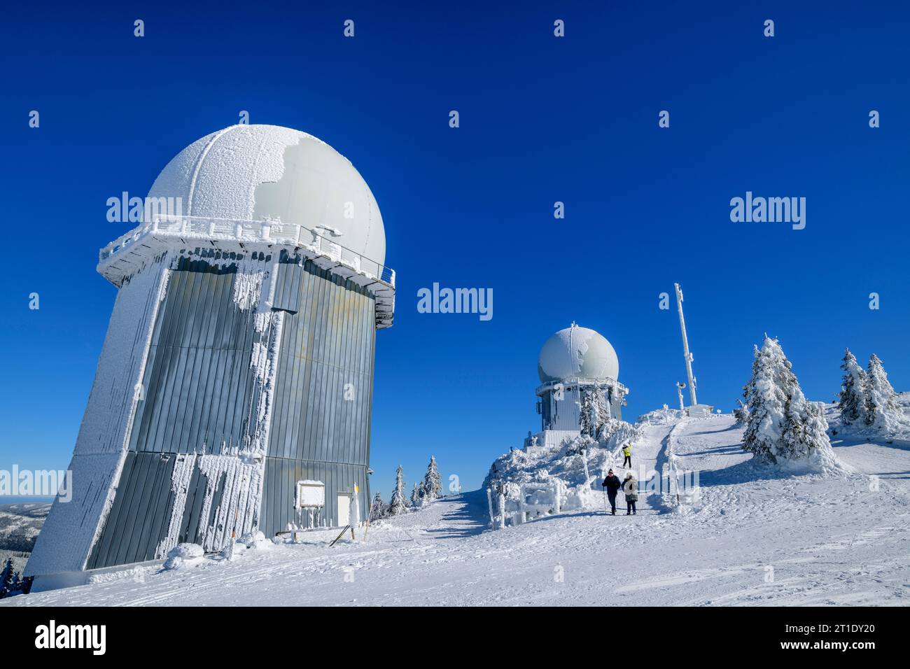 Snow-covered radar domes at the Großer Arber, Großer Arber, Bavarian ...