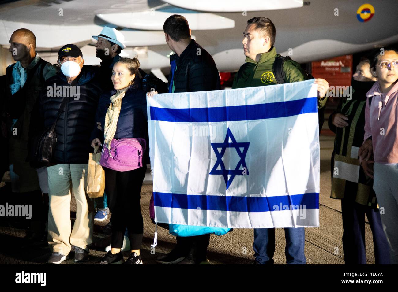 Colombians arrive in a Colombian Aerospacial force (Air Force) humanitarian flight from Tel Aviv, Israel after the Palestinian militant group Hamas ma Stock Photo