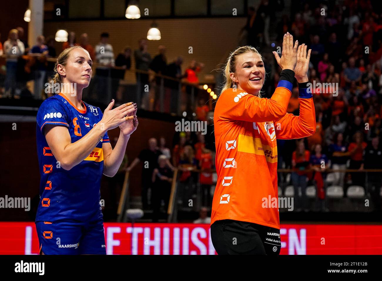 Almere, Netherlands. 12th Oct, 2023. ALMERE, NETHERLANDS - OCTOBER 12: Lois Abbingh of the Netherlands and Goalkeeper Tess Lieder of the Netherlands celebrate their team's win after the Women's EHF Euro 2024 Qualifiying match between Netherlands and Portugal at Topsportcentrum Almere on October 12, 2023 in Almere, Netherlands (Photo by Rene Nijhuis/BSR Agency) Credit: BSR Agency/Alamy Live News Stock Photo