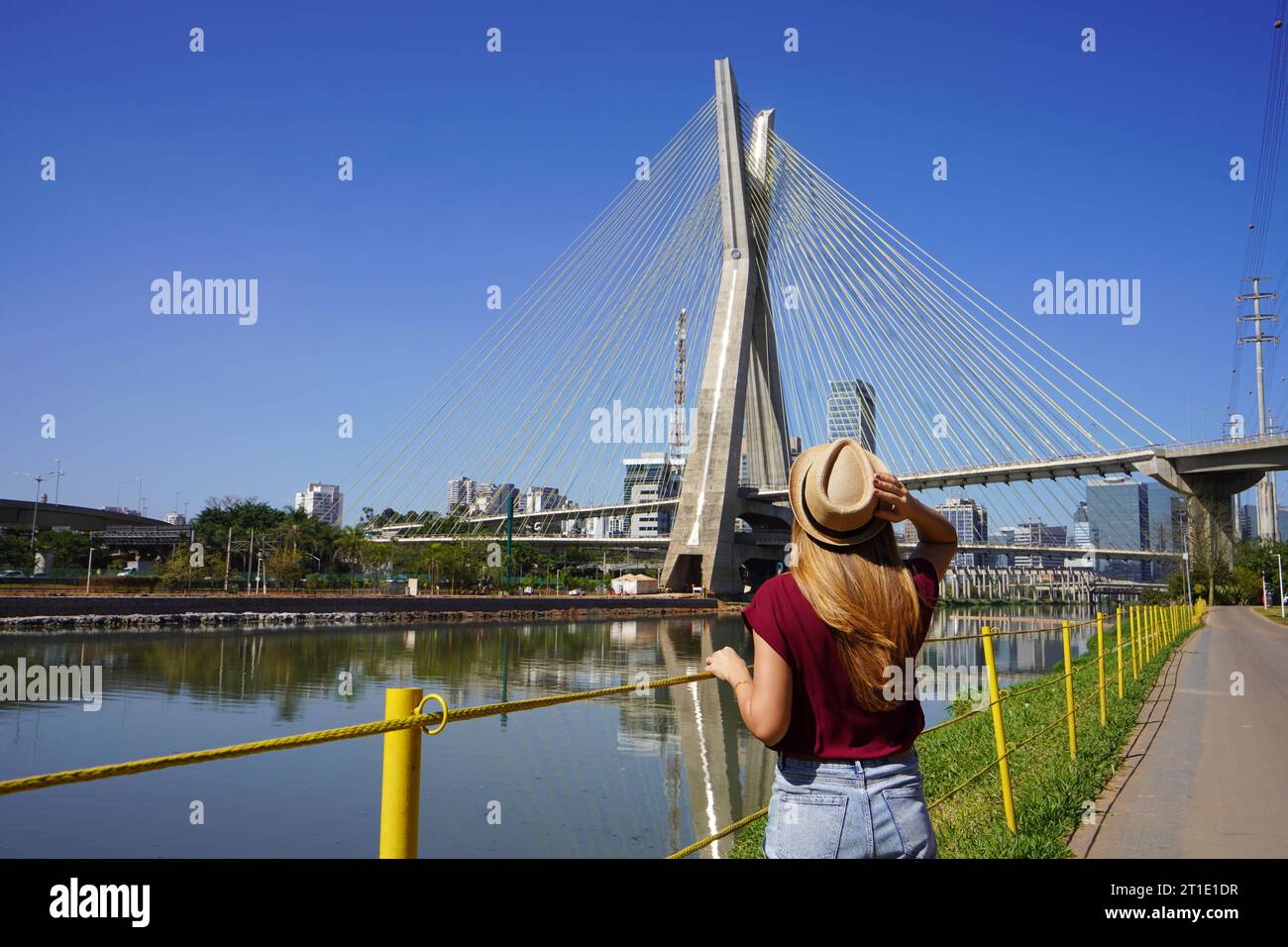 Visiting Sao Paulo, Brazil. Rear view of traveler woman looking at Ponte Estaiada bridge in Sao Paulo, Brazil. Stock Photo