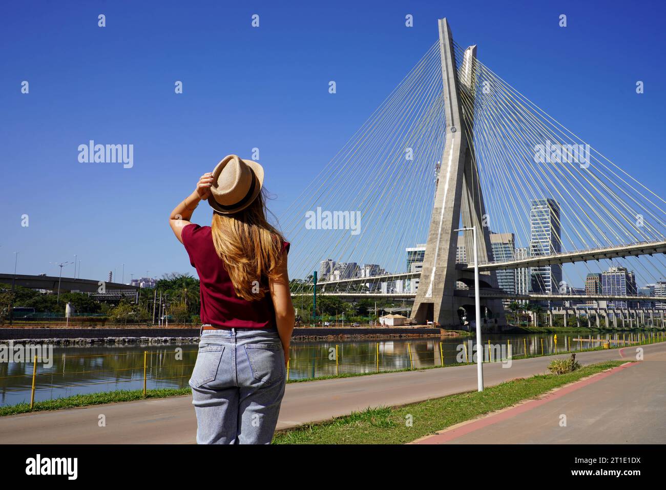 Back view of woman enjoying view of Ponte Estaiada bridge in Sao Paulo, Brazil Stock Photo