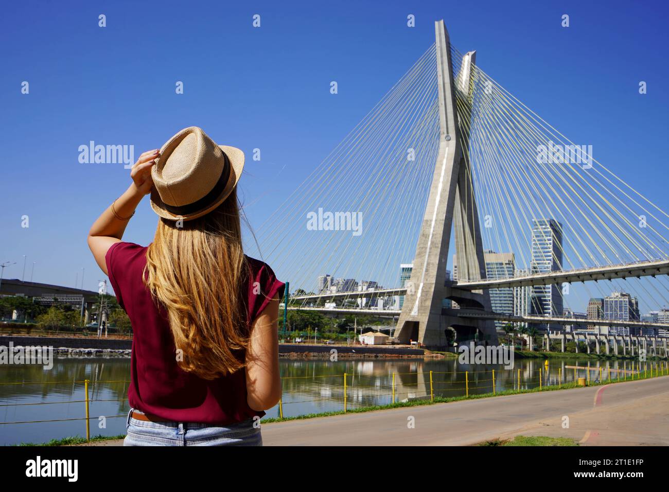 Tourism in Sao Paulo. Back view of traveler girl enjoying sight of Estaiada bridge in Sao Paulo, Brazil. Stock Photo
