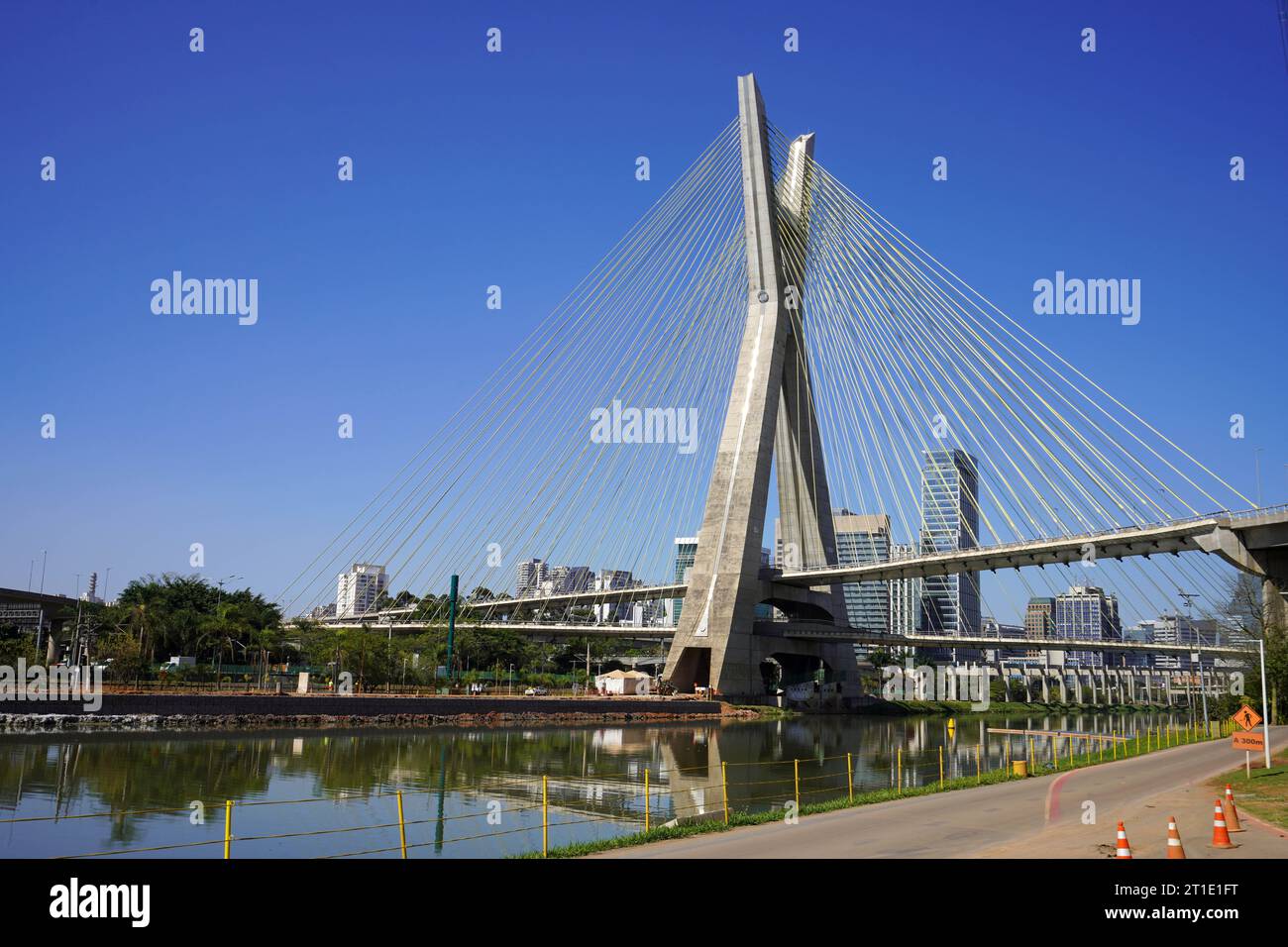 Octavio Frias de Oliveira Bridge also known Ponte Estaiada is a cable-stayed bridge over the Pinheiros River in Sao Paulo, Brazil Stock Photo