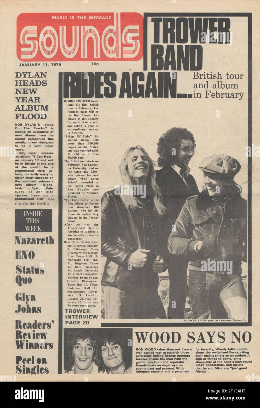 Sounds UK music paper Jan 11 1975. Front cover with famous logo. Scanned from original paper.  Price 10p.  Headlines features Robin Trower Band UK tour information and release of new album For Earth Below.  Dylan Blood On The Tracks news. Ronnie Wood confirms he will not join Rolling Stones story Stock Photo