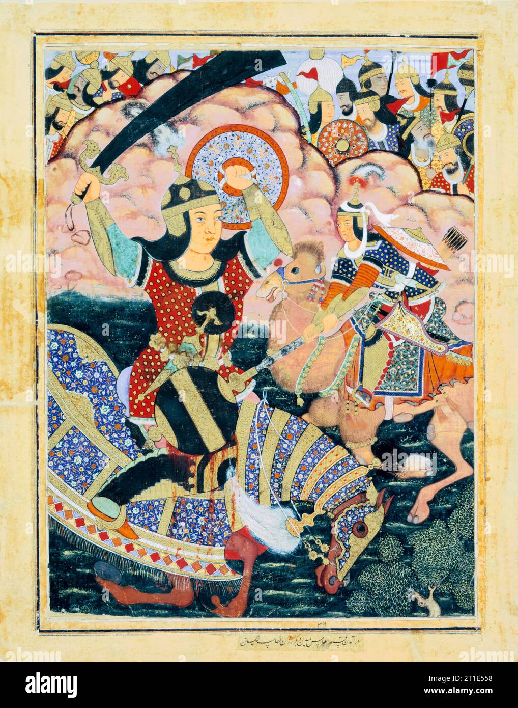 Qasam al-Abbas arrives from Mecca and crushes Tahmasp with a Mace, illuminated manuscript watercolour painting in gold and silver-metallic paint on cotton by Mahesha (attributed), 16th Century Mughal Art 1562-1577 Stock Photo