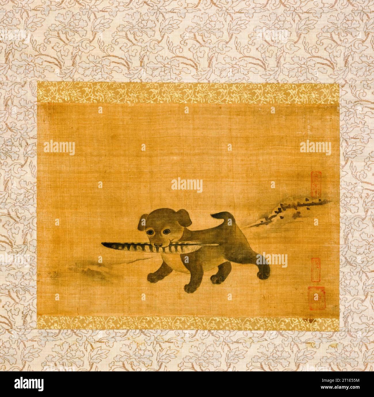 Yi Am (attributed), Puppy playing with a Pheasant Feather, hanging scroll in ink and colour on silk, 1525-1566 Stock Photo