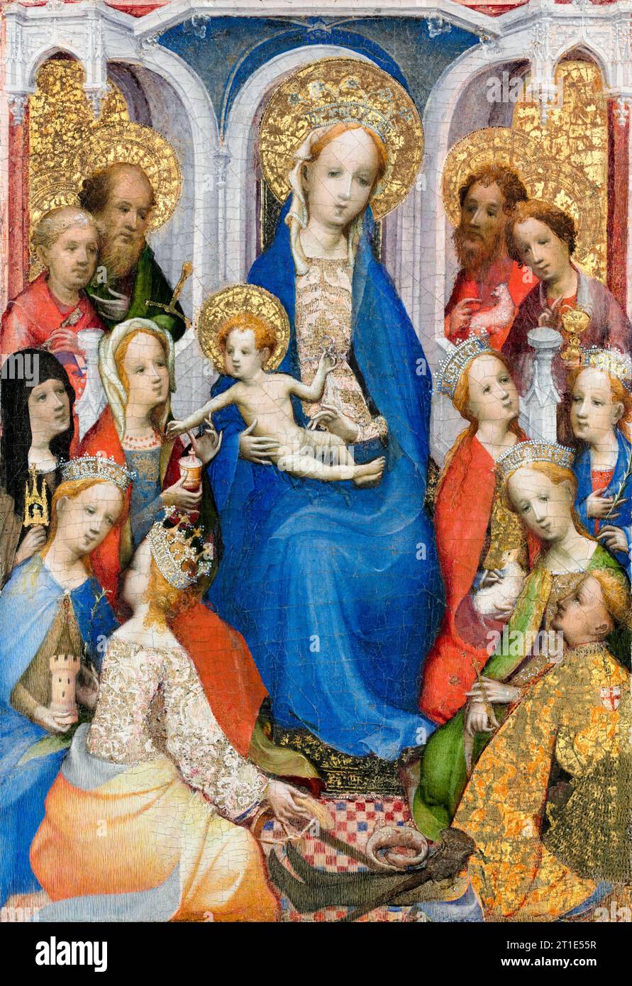 Master of Saint Veronica (attributed), Enthroned Virgin and Child with Saints, Paul, Peter, Clare of Assisi, Mary Magdalene, Barbara, Catherine of Alexandria, John the Baptist, John the Evangelist, Agnes, Cecilia, Margaret of Antioch, and George, painting in oil and gold on panel, 1400-1410 Stock Photo
