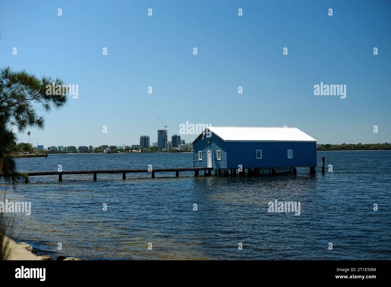 A view of the Crawley Edge Boatshed also known as the Blue Boat House on the Swan River in Matilda Bay, Crawley, Perth, Western Australia Stock Photo