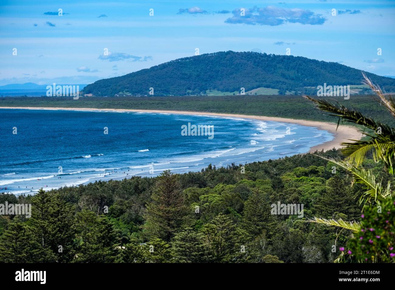 View of Seven Mile Beach from the Sir Charles Kingsford Smith Memorial Lookout, Gerroa, New South Wales, Australia Stock Photo