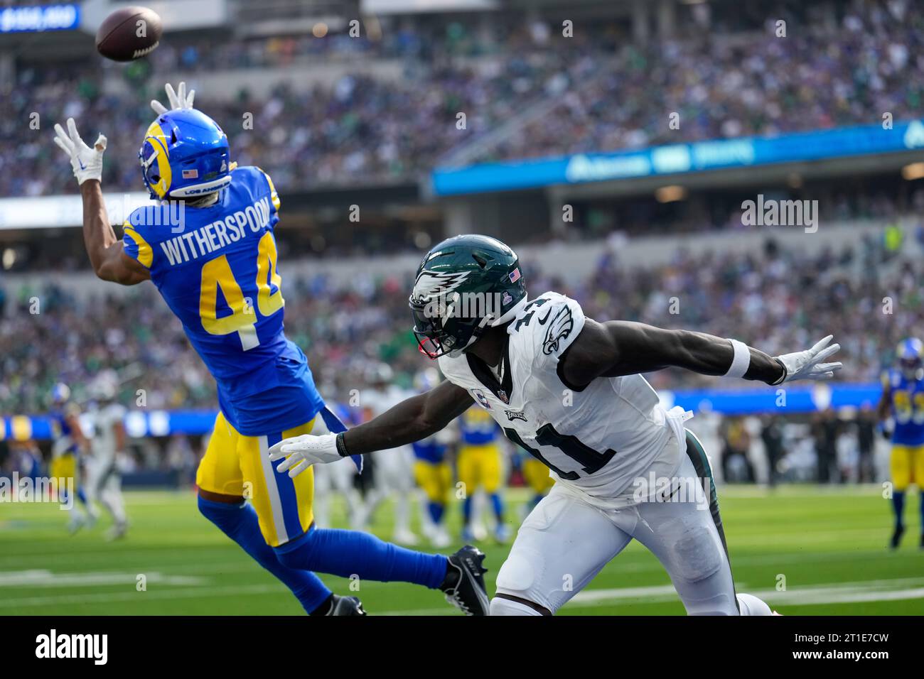 Los Angeles Rams cornerback Ahkello Witherspoon (44) intercepts the