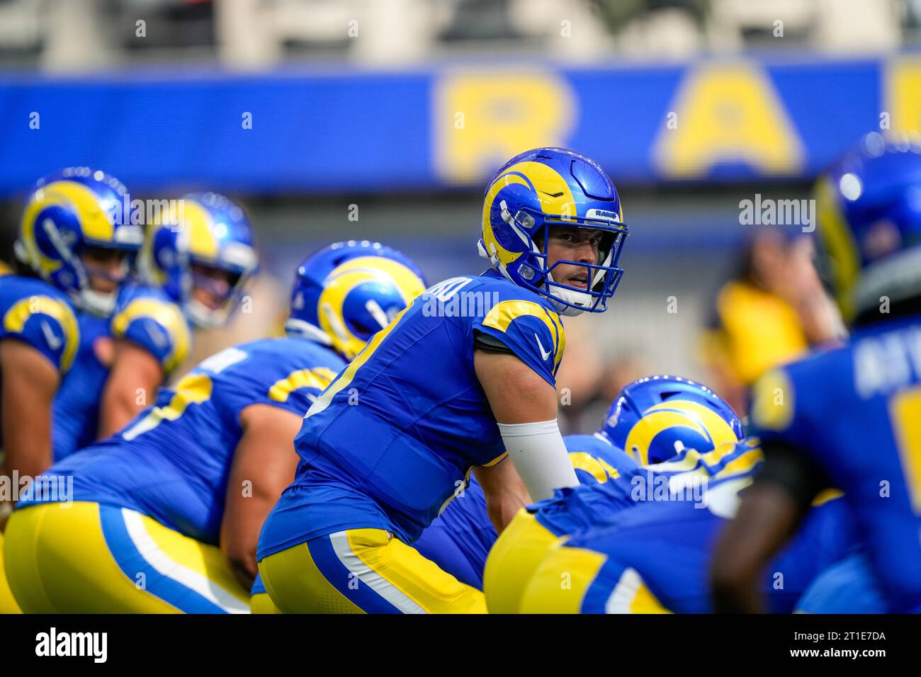 Los Angeles Rams quarterback Matthew Stafford (9) at the line of scrimmage during an NFL game, Philadelphia Eagles vs. Los Angeles Rams, Sunday, Octob Stock Photo