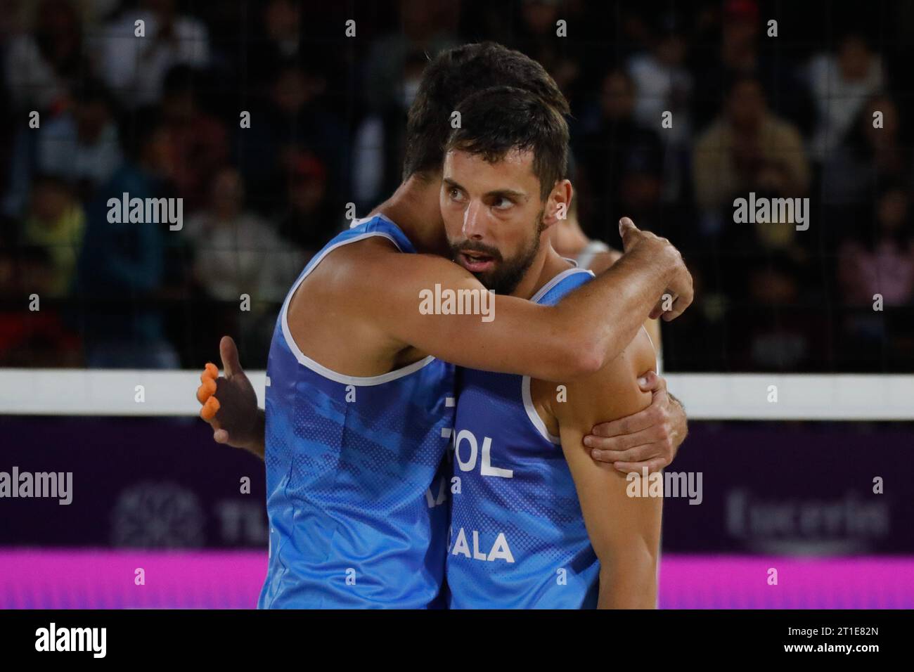 October 12, 2023, Tlaxcala, Mexico: Bartosz Losiak (R) and Michal Bryl of Poland   compite against team Germany during the Beach Volleyball World Cup  Women's Quarterfinals between USA and Latvia. on October 12, 2023 in Tlaxcala, Mexico. (Photo by Essene Hernandez/ Eyepix Group/Sipa USA) Stock Photo
