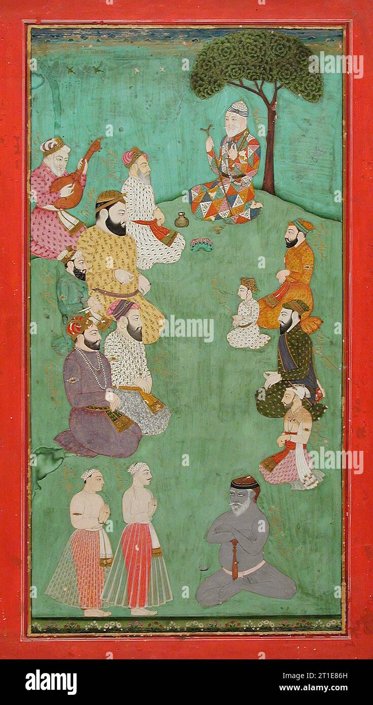 Imaginary Meeting of Guru Nanak, Mardana Sahab, and Other Sikh Gurus, c1780. Stock Photo