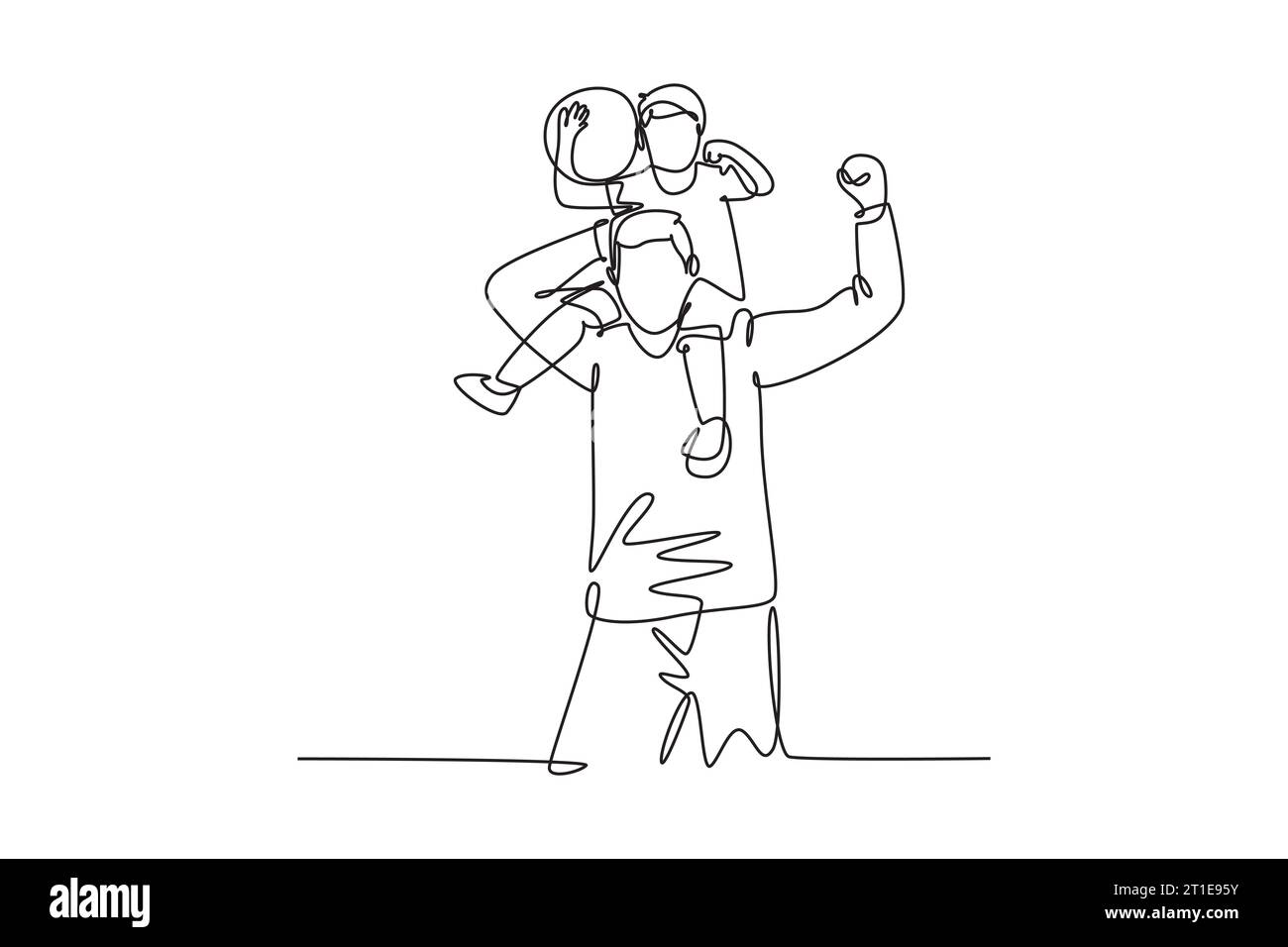 Continuous one line drawing of young happy father lift up his kids on