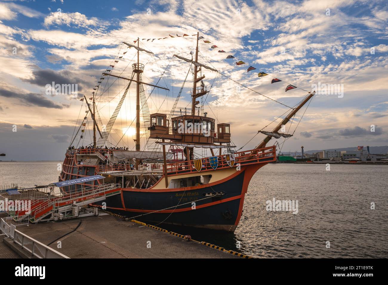 October 7, 2023: Santa Maria, a tour vessel that cruises around Osaka Bay in Osaka, Kansai, Japan, departs from Kaiyukan West Pier and then navigates Stock Photo