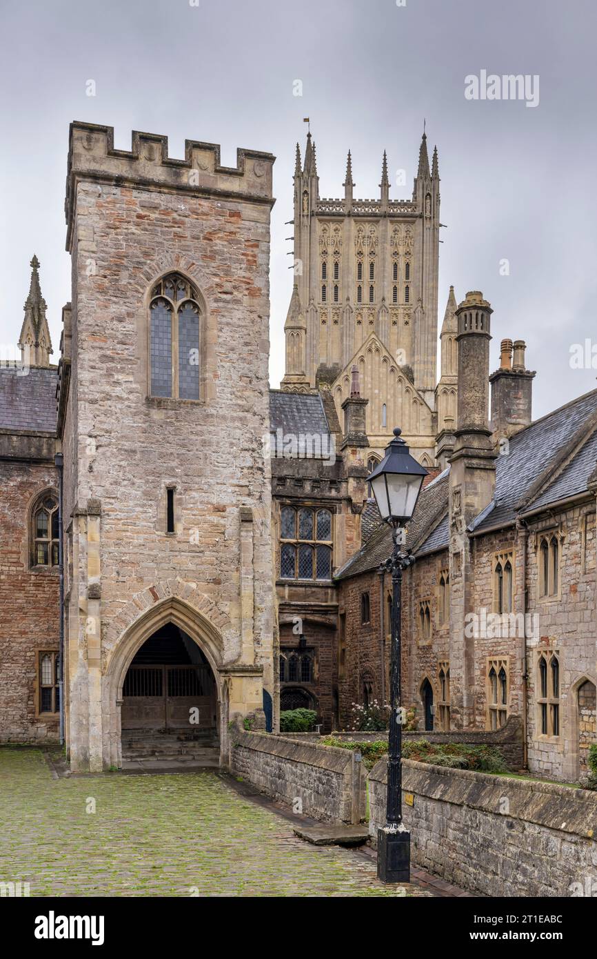 Vicars Close, the oldest purely residential street in Europe dating from the 1300's, with Wells Cathedral background, Wells, Somerset. Stock Photo