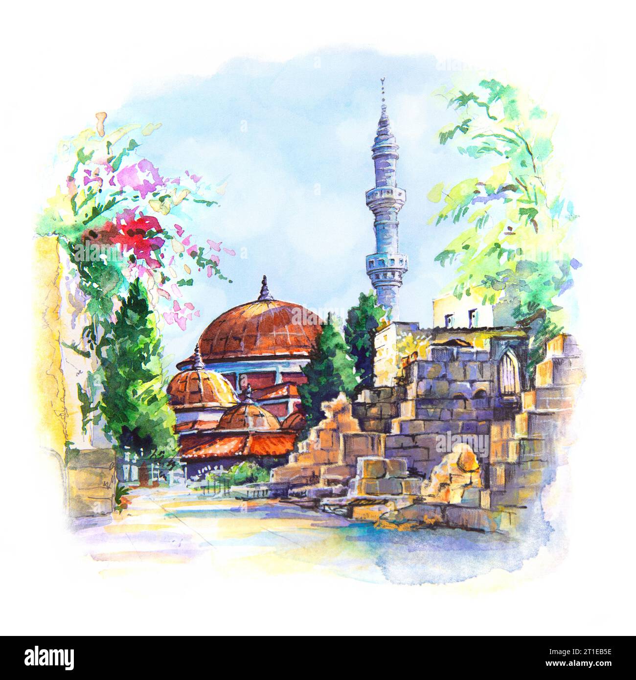 Watercolor sketch of Suleymaniye Mosque on Rhodes, Dodecanese islands, Island of the Sun, Greece Stock Photo