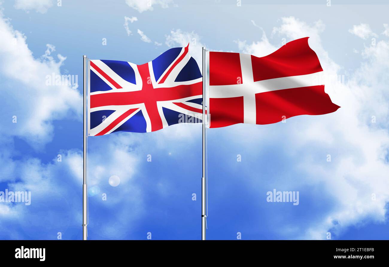 UK and Denmark flags together waving against blue sky Stock Photo - Alamy