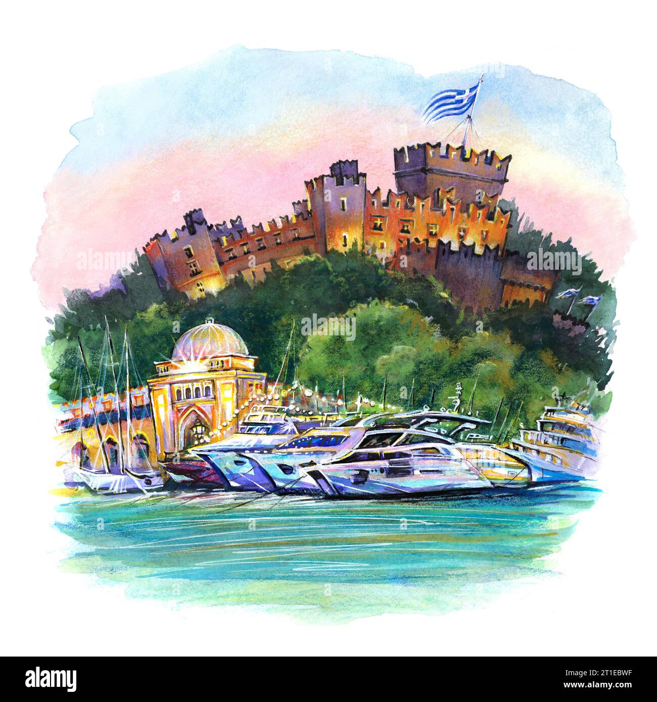 Watercolor Night sketch of Palace of the Grand Master on Rhodes, Dodecanese islands, Greece Stock Photo