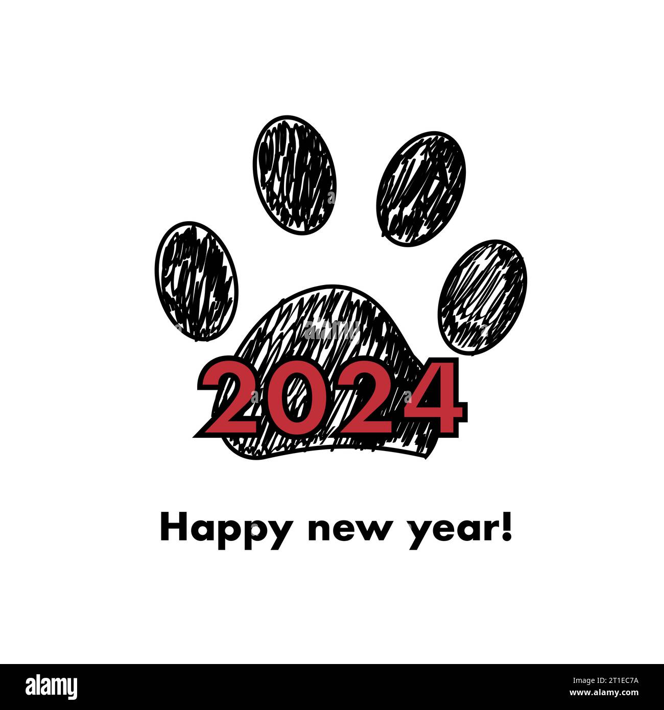 2024 red text black with paw prints. Merry Christmas greeting card