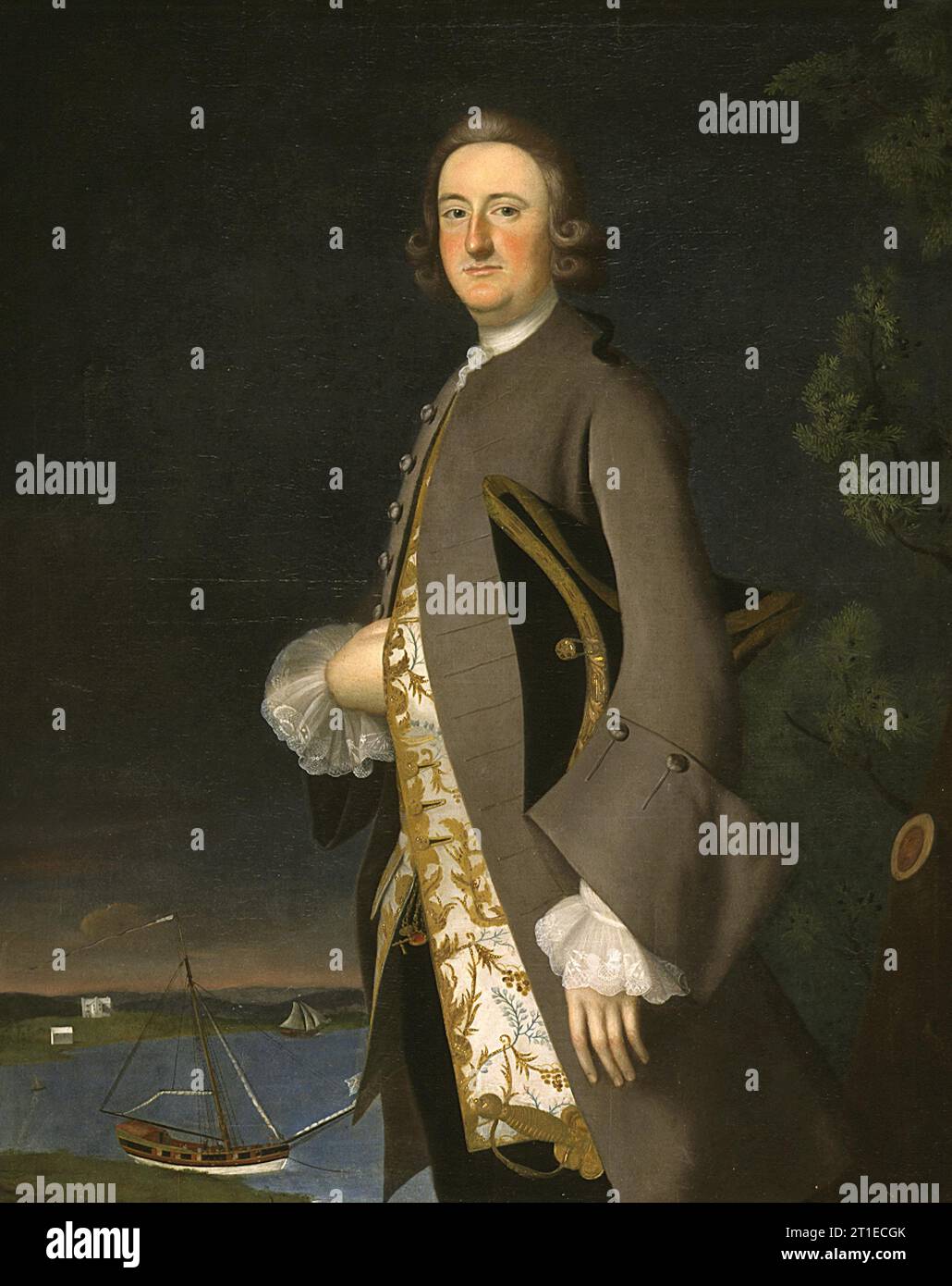 Portrait of Captain John Pigott, between c1700 and c1763.Here John Pigott is posed before a depiction of the harbor of Hamilton, the two sloops alluding to his position as customs collector. Inwood, the large home of his father-in-law, sits on the distant shore. The wealth and social position of the Pigotts are indicated by the existence of these two large portraits as well as by the attire in which the couple is depicted. John Pigott&#x2019;s somber brown coat has rich accessories - ruffled lace shirt cuffs and a magnificent white satin waistcoat embroidered in gold and silver. Stock Photo
