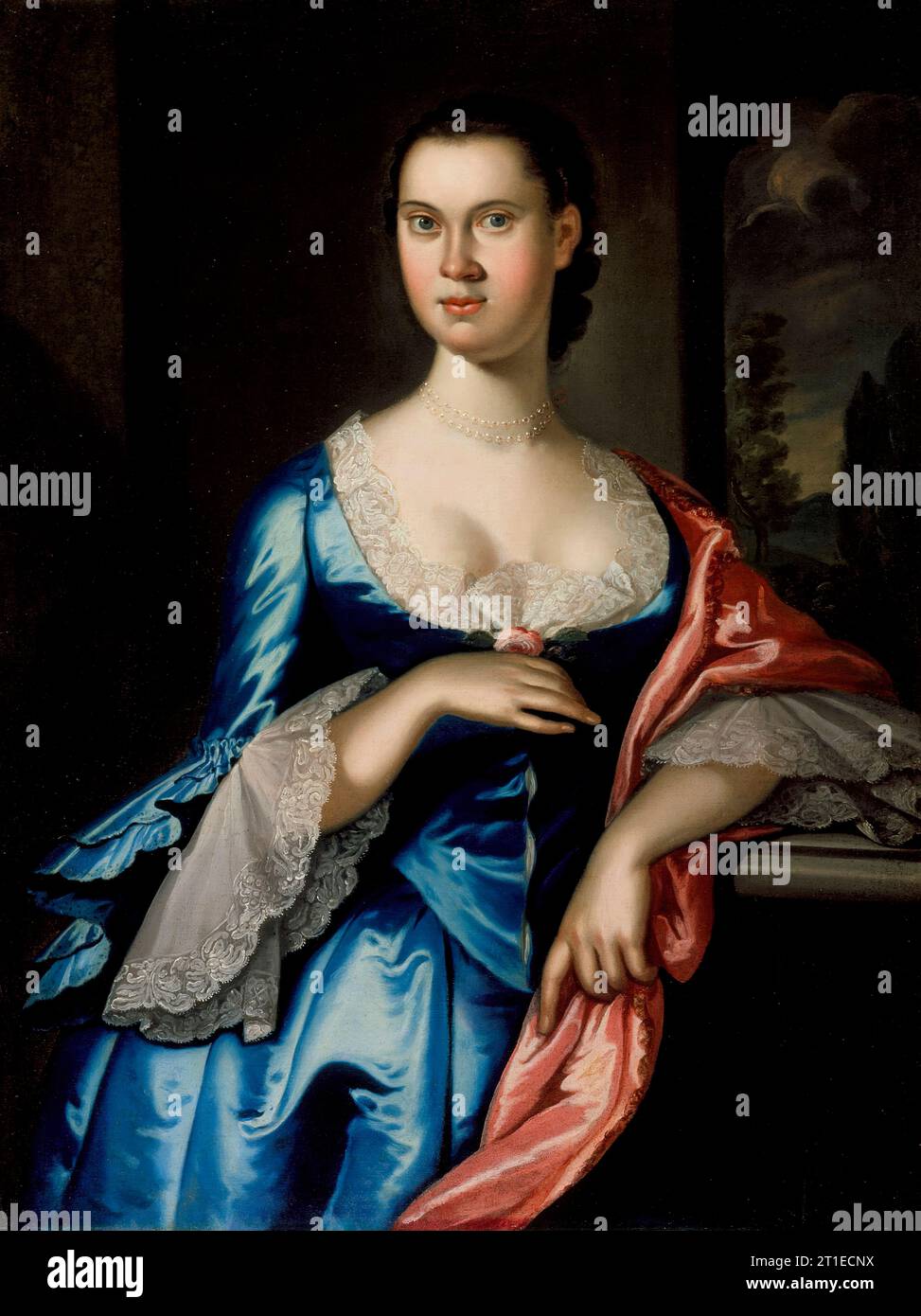Portrait of Elizabeth Chew Smith, 1762.The subject was born in 1742 or 1743, the daughter of Samuel Chew III of Anne Arundel County and his wife Sarah Lock. Since Elizabeth Chew was married on February 11, 1762, it is possible that the present painting was a marriage portrait. Her first husband was John Hamilton Smith, a resident and plantation owner of Calvert County; they had two daughters, Elizabeth Chew and Mary. Records for Saint James&#x2019;s (Old Herring Creek) Parish show a large family with the name of Smith living there in the early eighteenth century. Elizabeth Chew Smith later mar Stock Photo