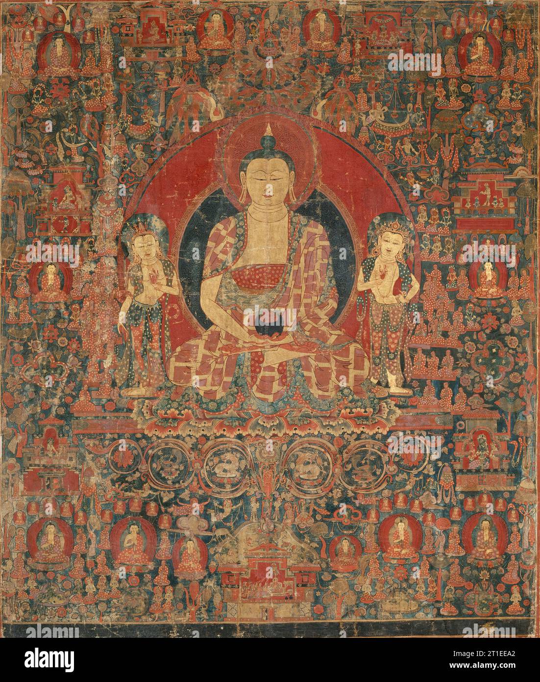 The Jina Buddha of Infinite Light (Amitabha) in His Pure Land Paradise (Sukhavati), 15th century. Stock Photo