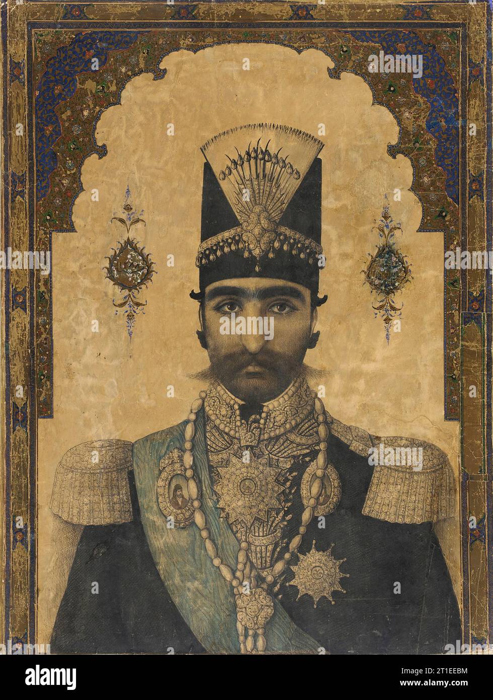 Early Portrait of Nasr al-Din Shah (reigned 1848-1896), c1850.The shah is shown here at perhaps just nineteen or twenty years of age, wearing jeweled portraits of the Shi&#x2018;ite Imams, probably Ali and Hasan, along with royal insignia. The archlike illuminated frame references the past, while the realistic depiction reflects more recent Western influences, including the advent of portrait photography. Two ornate medallions on either side of the shah&#x2019;s head preserves the date and the royal sitter&#x2019;s name. Stock Photo