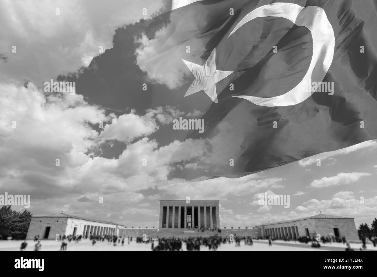 Anitkabir and Turkish flag in black and white photo. 10 kasim or 10th november memorial day of Ataturk background photo. Stock Photo