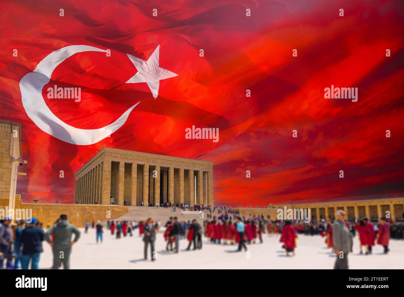 Anitkabir and waving Turkish Flag on the sky. 10 Kasim or 10th november Memorial day of Ataturk concept photo. Stock Photo
