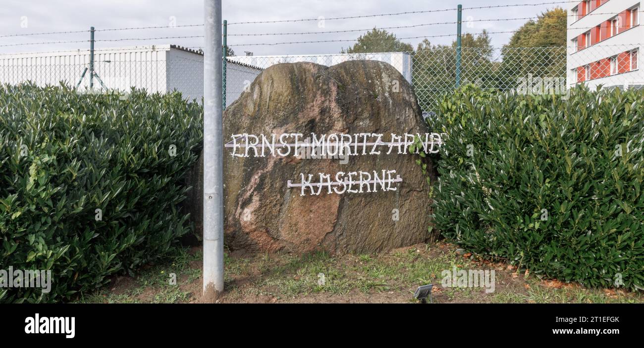 Hagenow, Germany. 13th Oct, 2023. A boulder with the inscription "Ernst