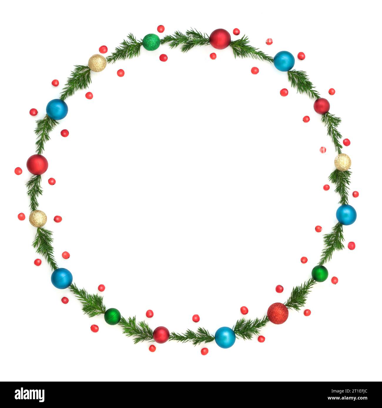 Christmas red gold and blue bauble juniper fir and holly berry winter wreath decoration. Minimal Xmas, Noel, Yule frame design for card, invitation. Stock Photo