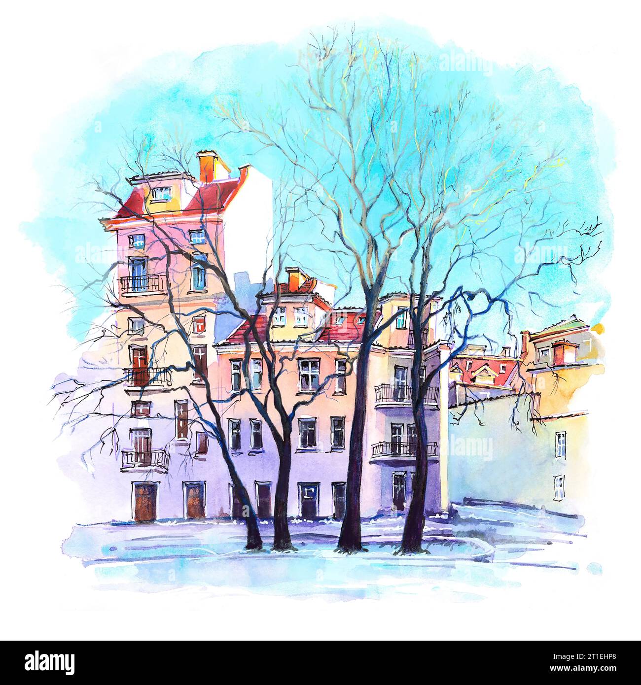 Watercolor sketch of cute colorful houses in winter, Poznan, Poland Stock Photo