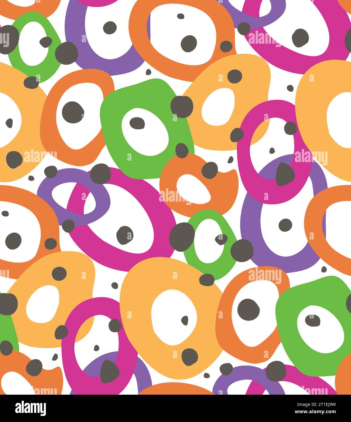 Free hand drawn doodle circles seamless pattern swatch. Random blob brush ink stroke rounded bright shapes, rainbow colour palette, spotted dots Stock Vector