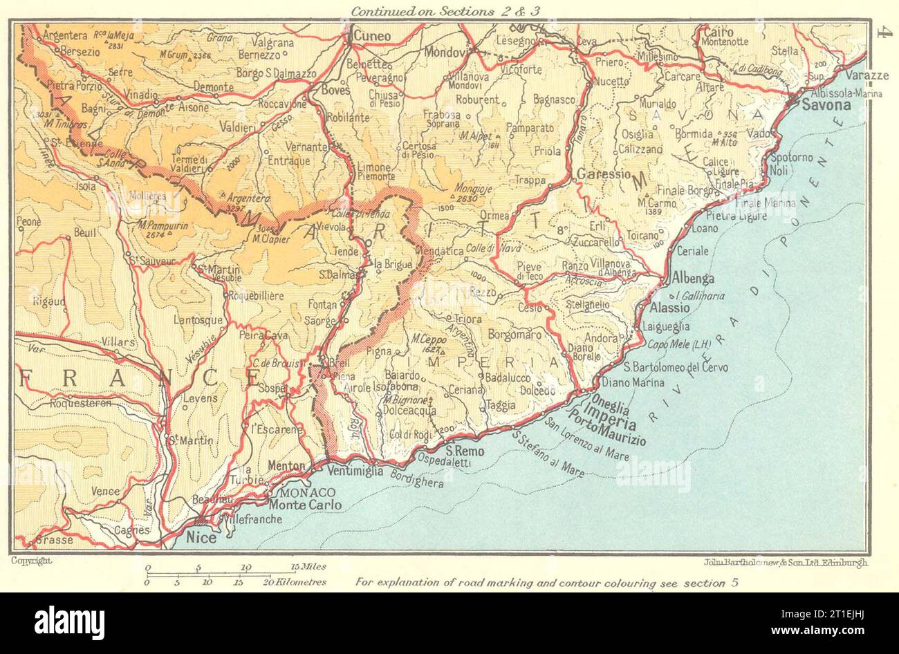 Riviera di Ponente. Côte d'Azur. Nice-Monaco-Savona 1953 old vintage map chart Stock Photo